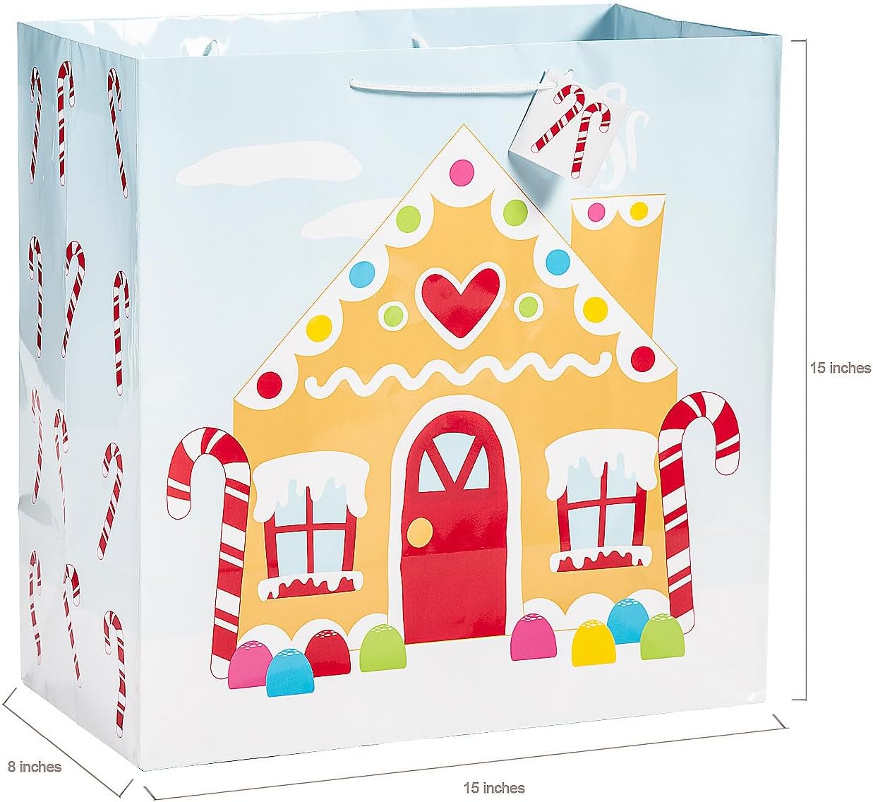 Assorted Multicolor Large Christmas Gingerbread & Candy Cane Paper Gift Bags with Tags (15" x 8") 6 Pcs. - Ideal for Bigger Christmas Presents