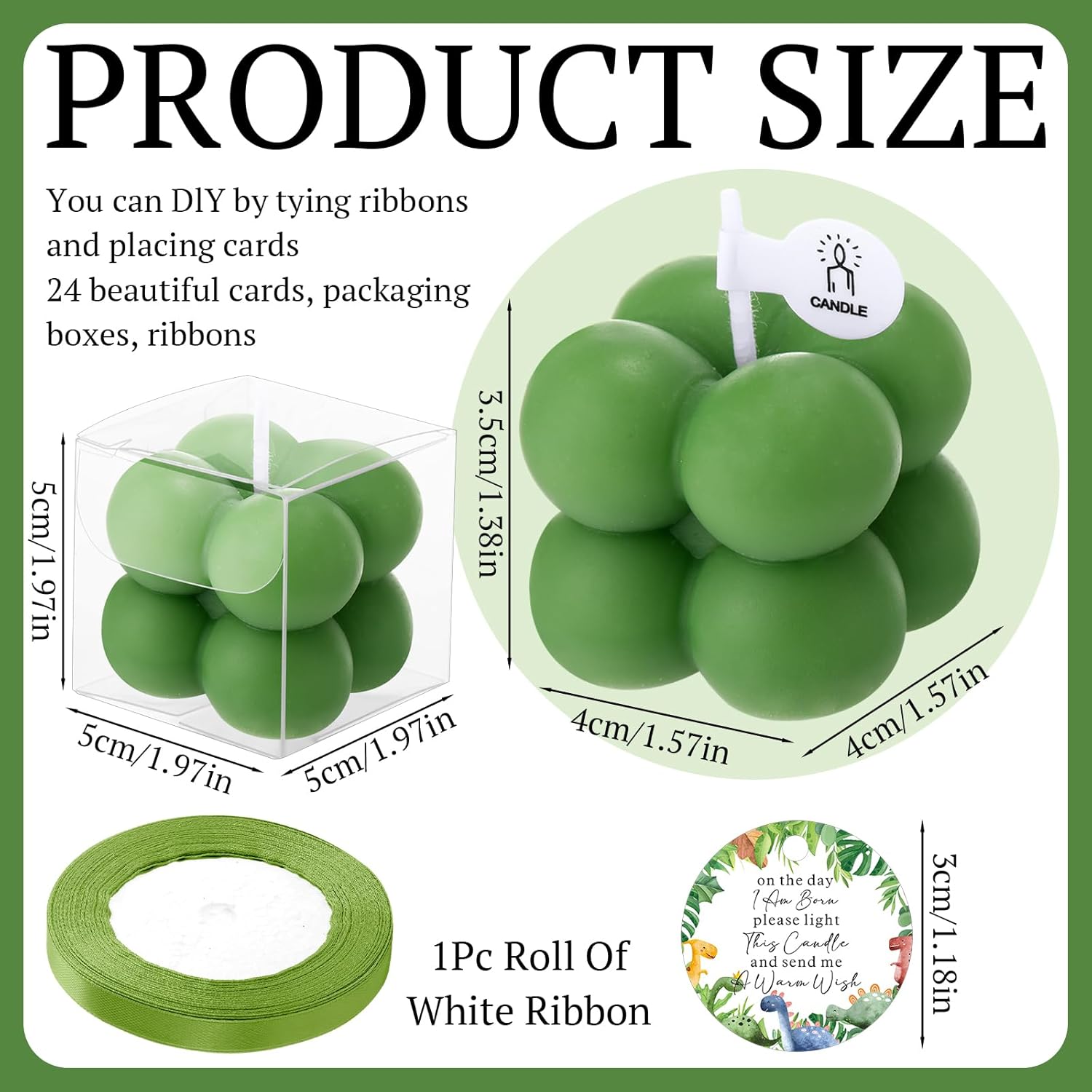 MTLEE 24 Sets Dinosaur Baby Shower Favors Small Bubble Candle Baby Shower Favors for Guests Tea Candles Bulk with Stylish Ribbons Cards Gifts Party Decoration(Army Green,Dinosaur)