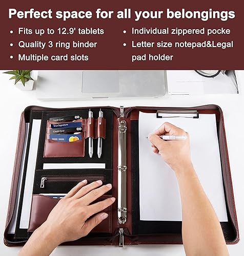 Miniatura 4 de Cartera de cuero personalizada con carpeta de 3 anillos, organizador de padfolio de negocios, carpeta de negocios con cremallera con portapapeles,