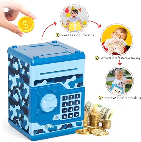 Miniatura 5 de Vcertcpl - Alcancía de cajero automático para niños y niñas caja de ahorro de dinero con contraseña tarro de dinero seguro para niños para adultos