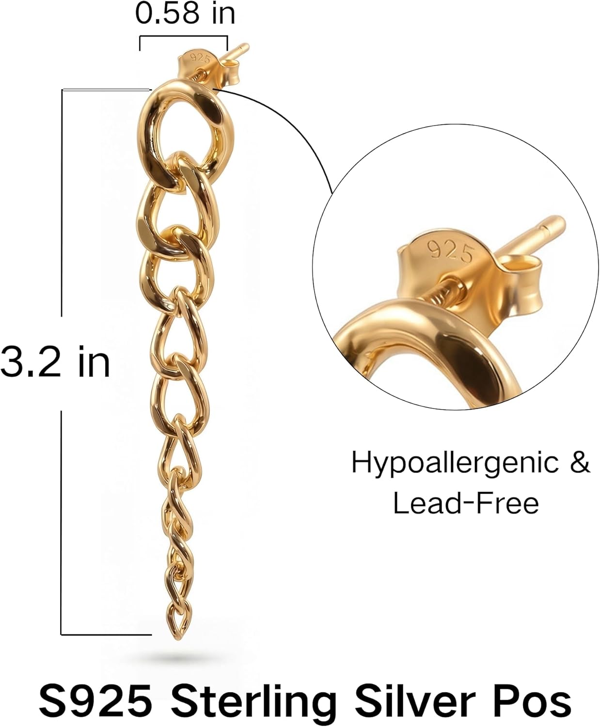 Gold Plated Link Chain Dangle Earrings for Women, 925 Sterling Silver Post Stud, Long Drop Paperclip Tassel Dangly, Trendy Dainty Statement Jewelry Gift - Image 5