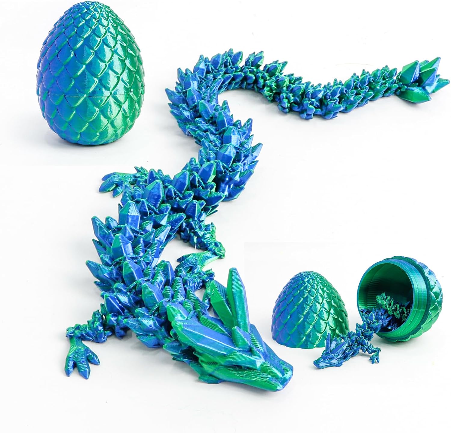 3D Dragon Egg with Flexible Pearly Sheen Dragon Inside, 3D Printed Surprise Gift, Articulated Dragon Egg Fidget Toy, Dragon Figurine Decor (12” Dragon,Green Mix Blue)