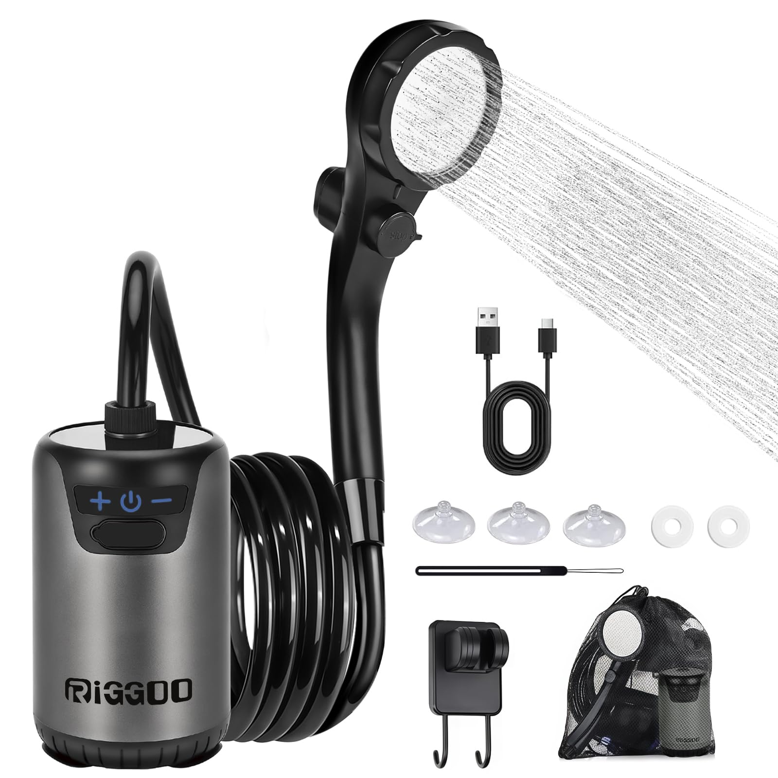 Campingdusche Tragbare, 8000mAh Camping Dusche Akku mit Pumpe und Temperaturanzeige, Outdoor Mobile Duschen mit Duschkopf und 2M Schlauch für Garten, Strand,Haustier,Autowaschen,Reisen