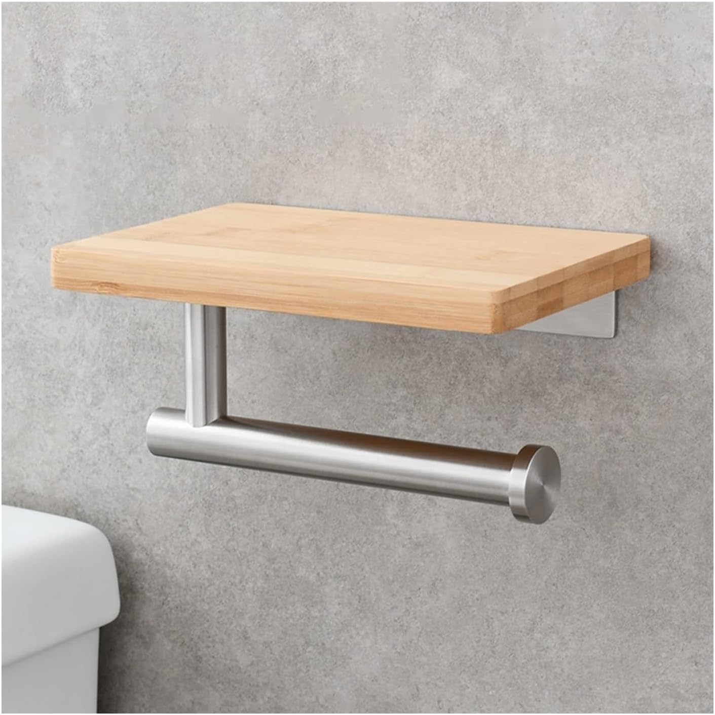 Toilet Paper Holder Toilet Paper Holder with Wooden Shelf Wall Mount Roll Tissue Bathroom Tissue(Brushed)