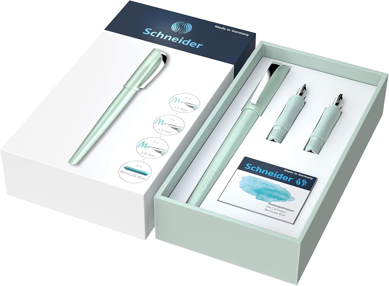 Schneider Callissima Calligraphy Fountain Pen Gift Set: Mint, 1.1 mm, 1.5 mm, 1.8 mm Interchangeable Tips + Pack of 6 Bermuda Blue Ink Cartridges (143811) : Office Products