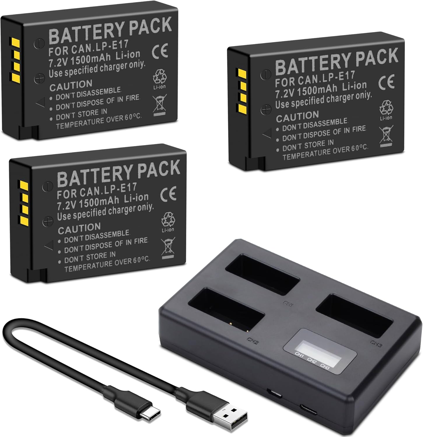 3-Pack LP-E17 Battery and Upgraded 3-Slot LCD Charger Compatible with Canon EOS R100 R50 RP R10 R8, Rebel T8i T7i T6i T6s SL2 SL3,EOS M3 M5 M6,EOS 200D 250D 77D 750D 760D 800D 8000D(1300mAh)