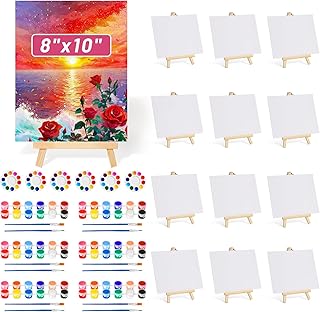 8x10 Inch Canvas and Easel Set, 12 Pcs Art Canvas Boards Bulk with Easel Stand, Mini Acrylic Paint & Brushes Set, Sip and Paint Kit for Adults Kids Couples Date Night Painting Party Activities