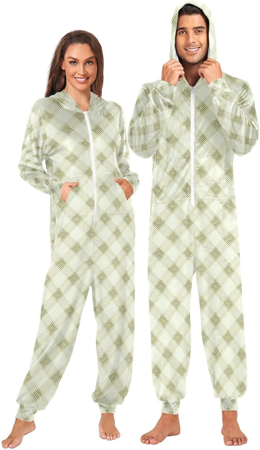 Beige Green Buffalo Plaid Checkered Adult Onesie Pajamas Novelty One Piece Costume Sleepwear Jumpsuits Matching PJS