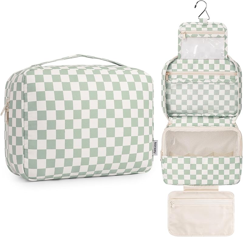 Necessaire de viagem suspensa Narwey com compartimentos e gancho, A-Mint Green Checkerboard
