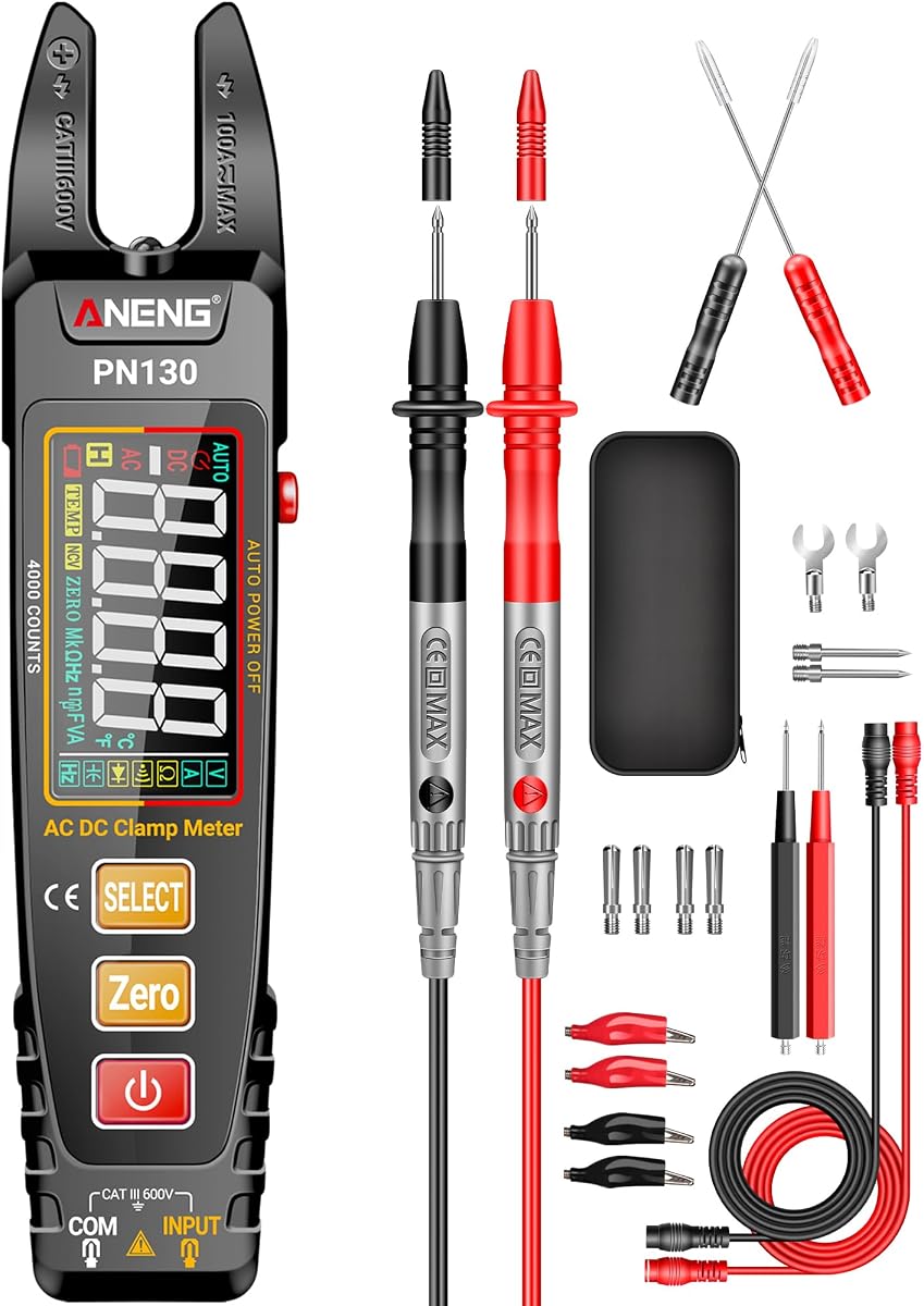 Multímetro Probador Color LCD TRMS 4000 Cuentas Pinza amperimétrica recargable | Voltímetro de rango automático con mandíbula en forma de U que mide corriente CA/CC, voltaje, NCV, ohmios, diodo, capacitancia, resistencia y continuidad