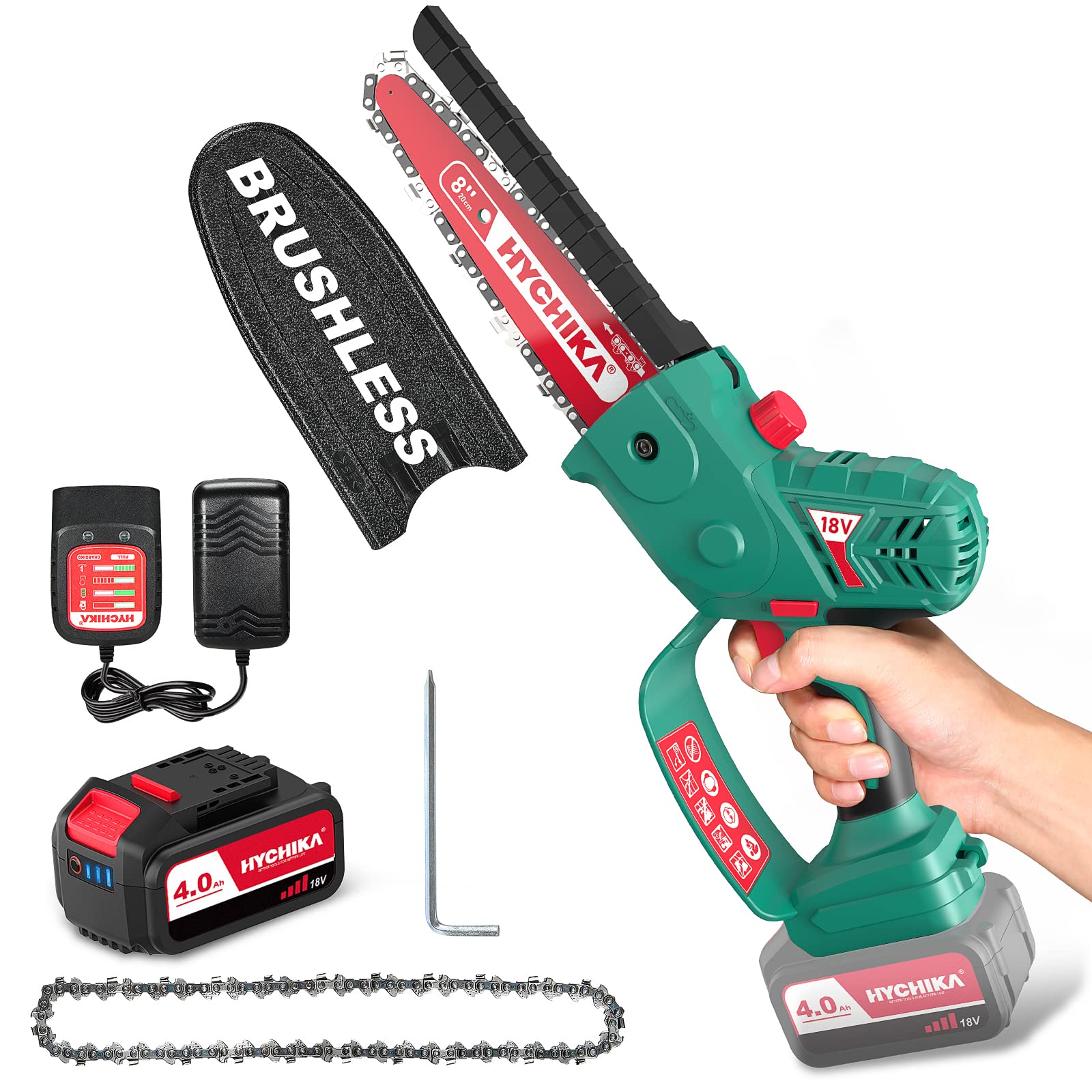 HYCHIKA Mini Chainsaw Cordless, 8 Inch Brushless Electric Chainsaw with 4000mAh Battery, Automatic Oiling System for Wood Cutting Tree Trimming