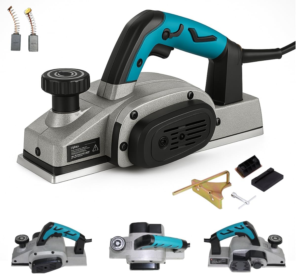 Nakasaki 1600W Professional Electric Planer with included accessories: carbon brushes, side guide, and wrench.