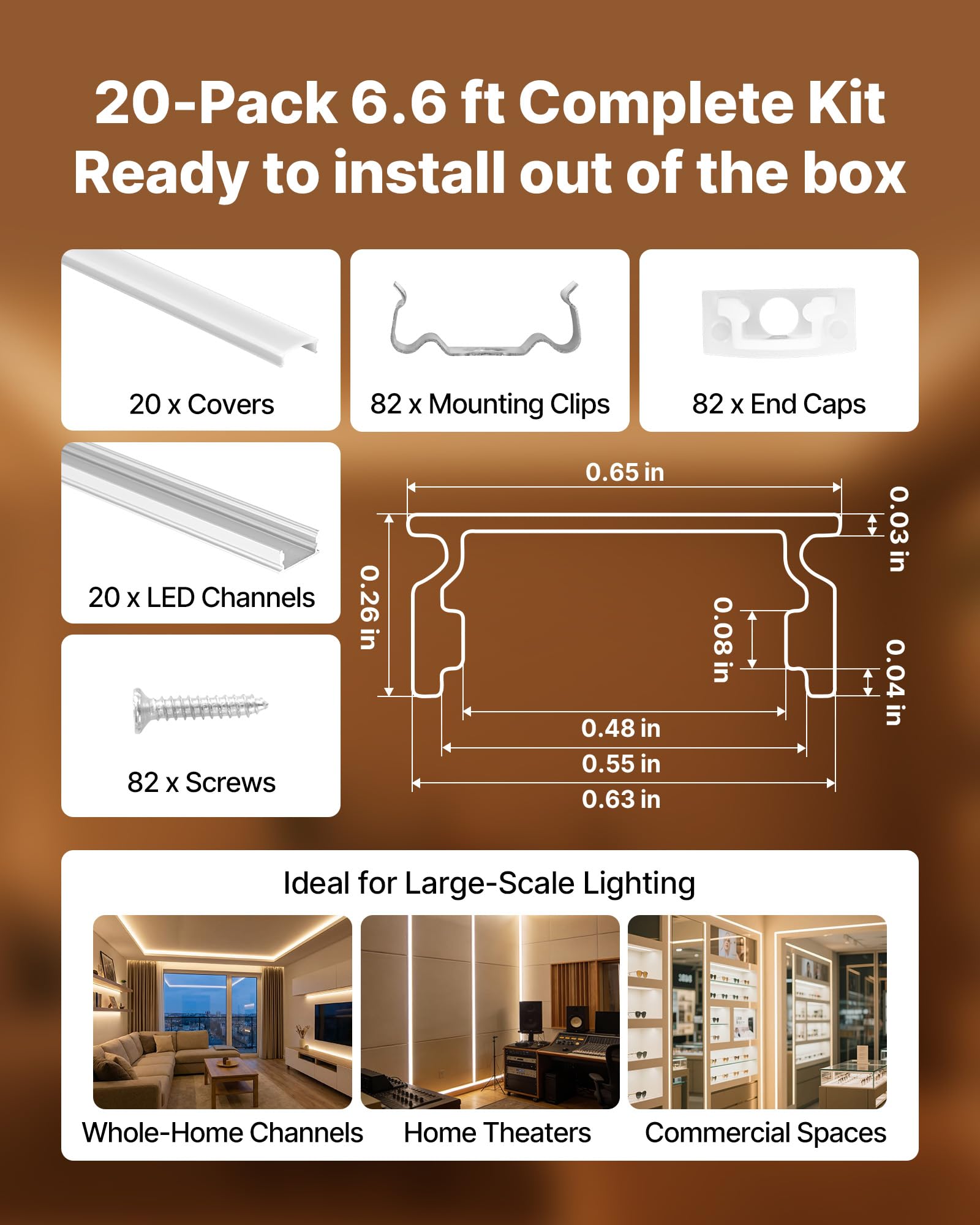 VEVOR Profilé Aluminium LED en U 2 m Lot de 20 Canal LED pour Ruban Lumineux Éclairage sous Meuble Cuisine, avec Diffuseur en PC Blanc Laiteux, Clips de Fixation et Embouts, Aluminium Anodisé Argent
