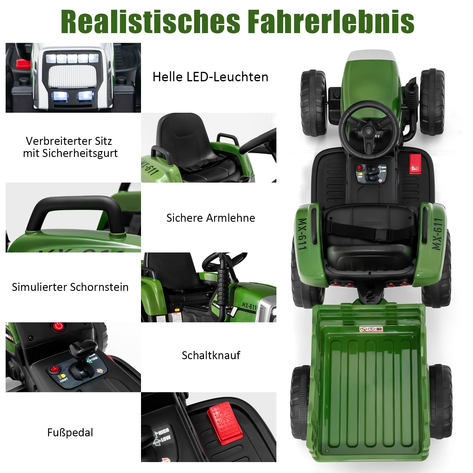 GOPLUS 12V Kinder Elektrischer Traktor mit Anhänger, 3-Gang Elektrofahrzeug mit Fernbedienung, Elektroauto mit LED-Licht & Musik & Bluetooth, 30 kg Belastbarkeit, ab 3 Jahre (Grün)