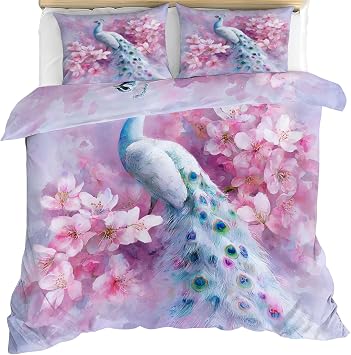 Peacock Comforter Cover Full Size 80" x 90", Pink Cherry Blossoms Duvet Cover, Gorgeous Bird Feather Bedding Set with 2 Pillowcases