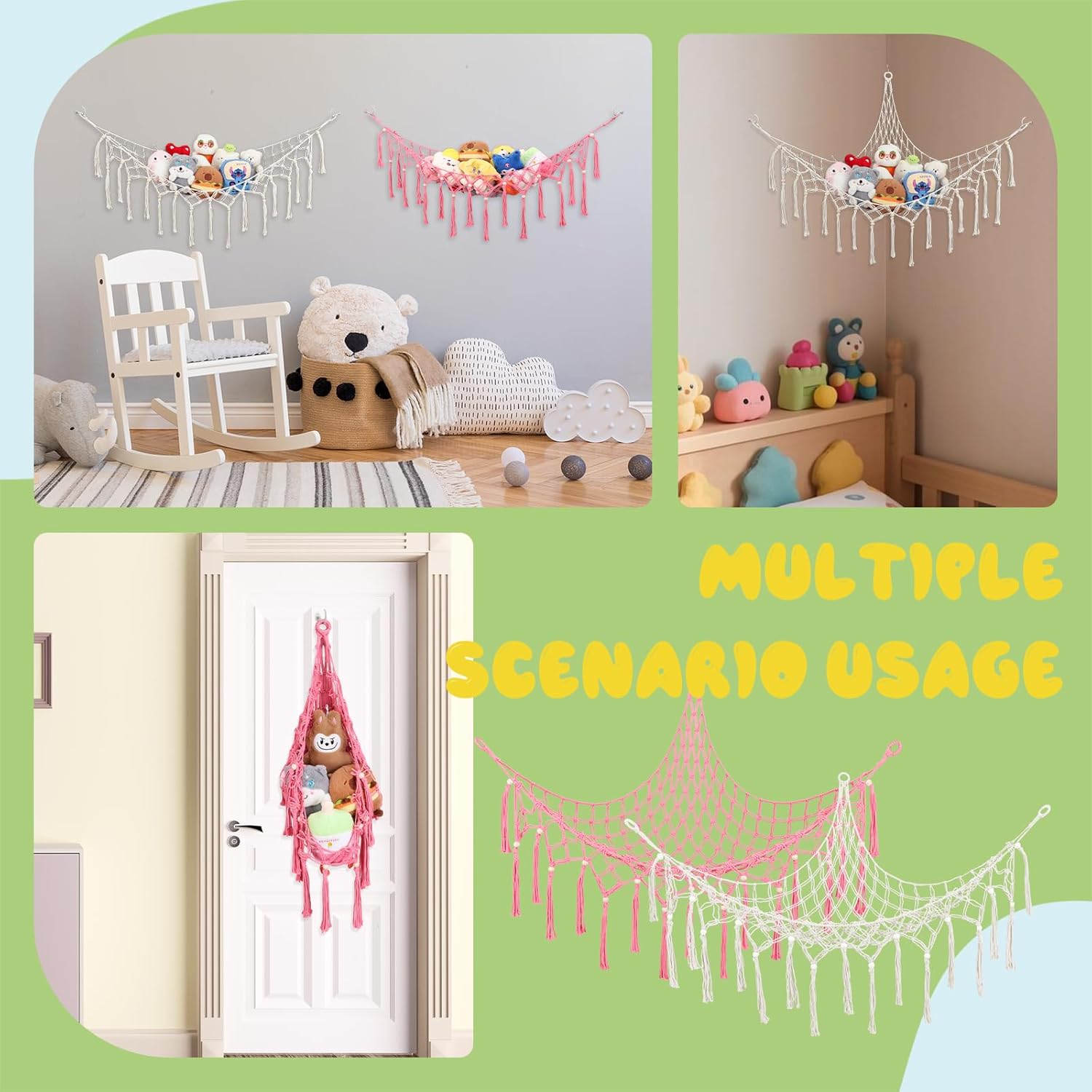 Stuffed Animal Hammock Corner Storage Net, 2-Pack Heavy-Duty Cotton Handwoven Large Plushie Net with Metal Anchors & Hooks | Kids Bedroom & Nursery Wall Decor (Cream&Pink)
