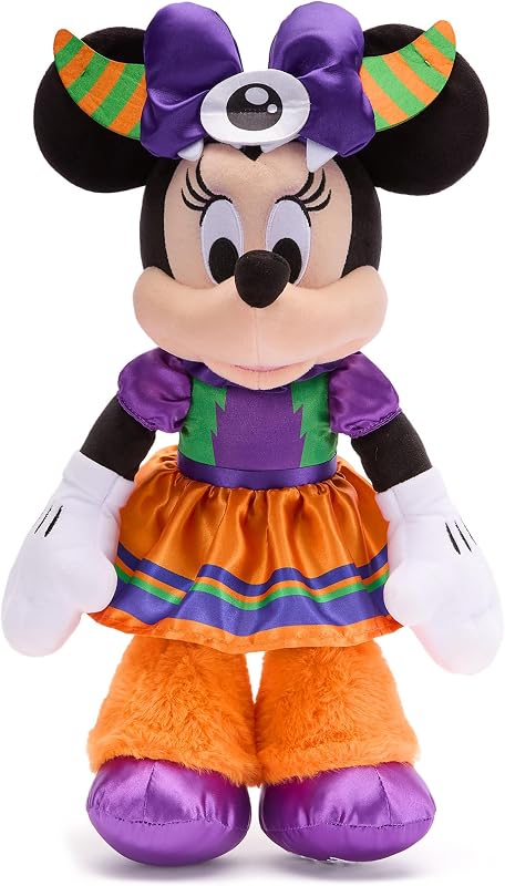 Peluche oficial de Minnie Mouse para Halloween de Disney Store, animal de peluche de Halloween de Disney con características bordadas, escultura de felpa detallada, vestido con estampado satinado, lazo, dientes de fieltro y ojo de cíclope