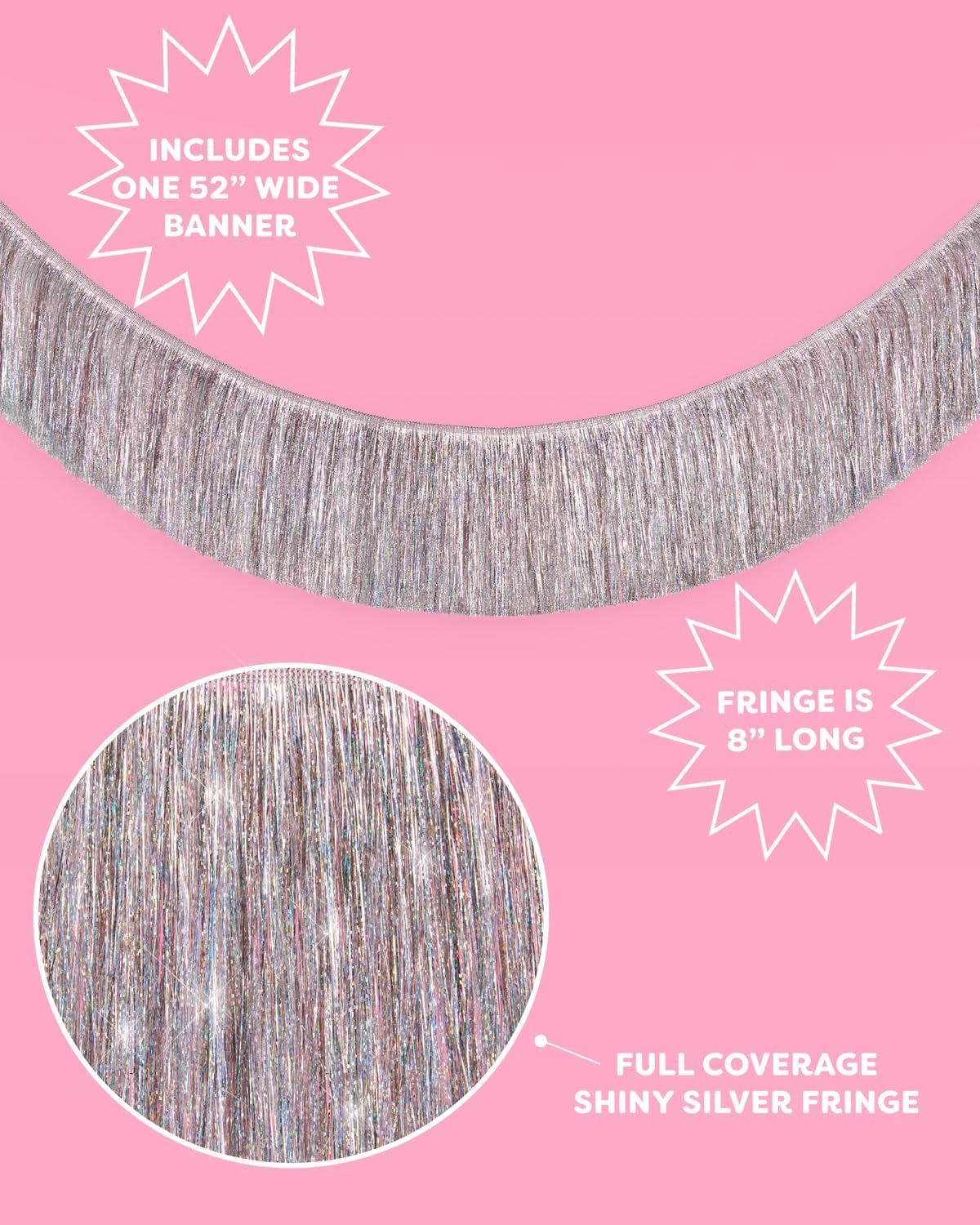 xo, Fetti Silver Iridescent Fringe Banner - 5 Ft. | Bachelorette Party Decorations, Birthday Party Decor, 21st Bday Decor, HBD, Photo Booth Banner Backdrop