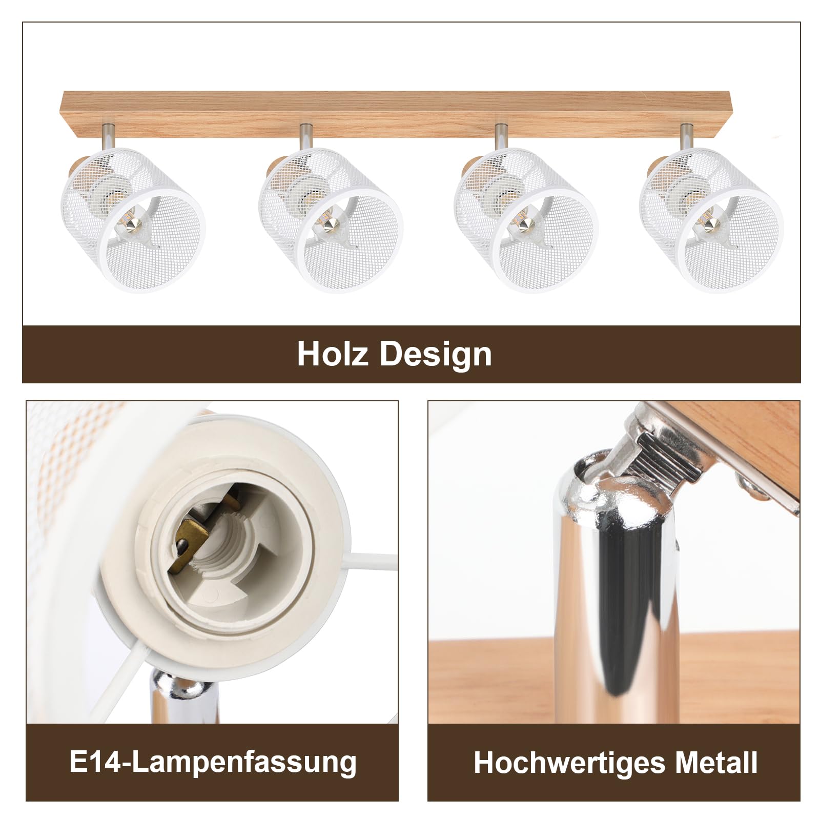 Deckenstrahler 4 Flammig Deckenleuchte Holz - Deckenlampe Vintage | Wohnzimmer Weiß Strahler Schwenkbar E14 Deckenspot Spots Flur Schlafzimmer Küche Esszimmer-Ohne Leuchtmittel