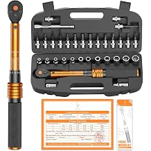 Torque Wrench Bicycle 1/4 Inch 3-25 Nm  3% Error Accuracy 72 Teeth Ratchet 33-Piece Torque Wrench Set for Motorcycle and Bike Includes Extension Rods 1/4 - 3/8 Inch Adapter Sockets