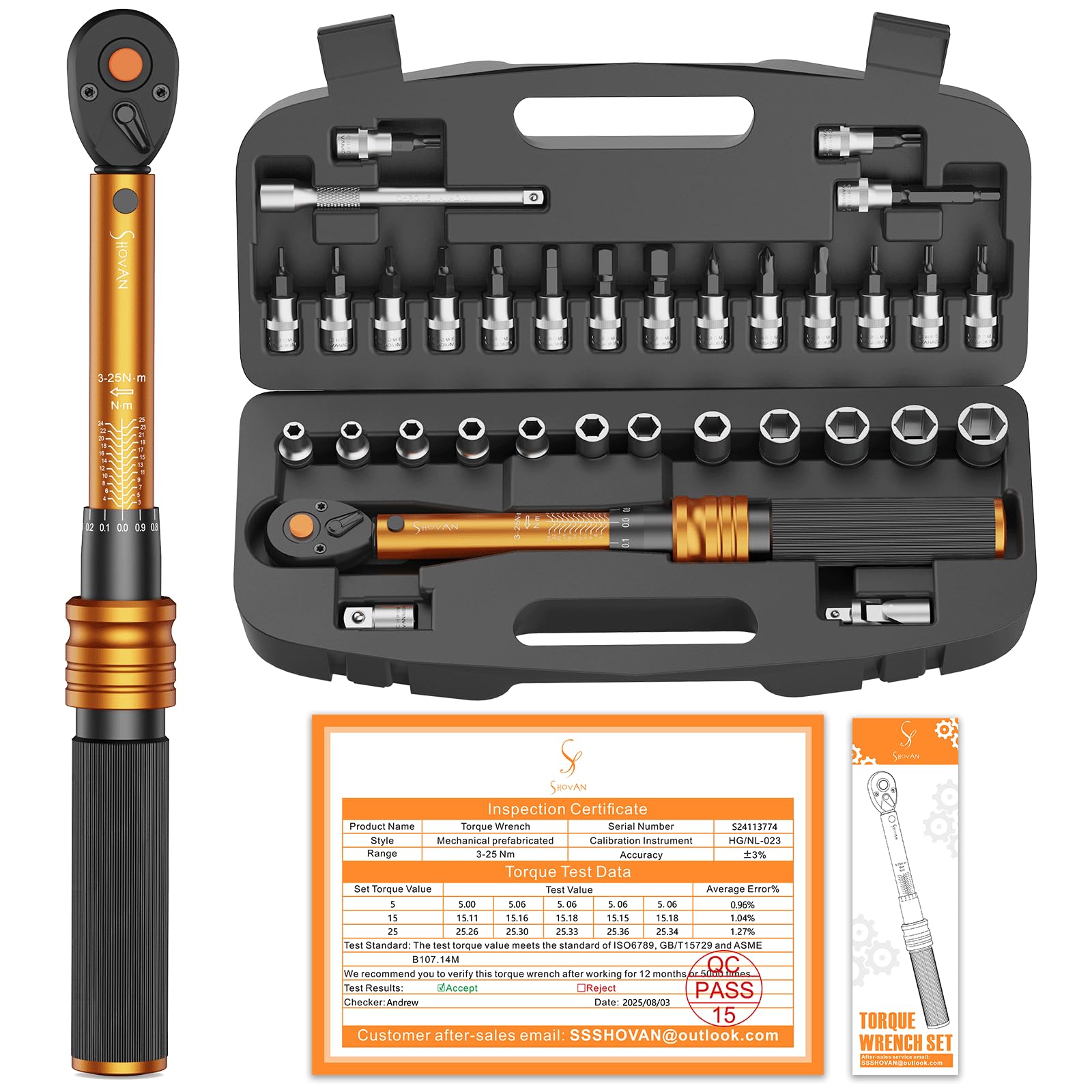 Drehmomentschlüssel Fahrrad 1/4 Zoll, 3-25 Nm, ±3% Fehlergenauigkeit, 72 Zähne Ratsche, 33TLG Torque Wrench Set für Motorrad und Bike, inklusive Verlängerungsstangen, 1/4"- 3/8" Adapter, Stecknüsse
