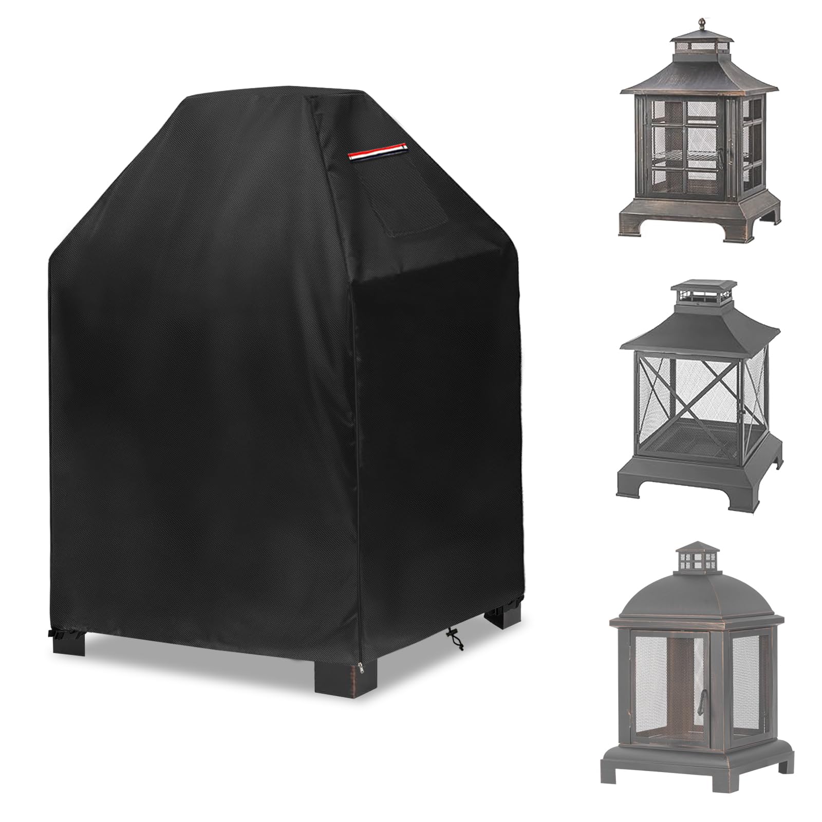 Outdoor Fireplace Cover,Heavy Duty 600D Square Chiminea Fireplace Cover,Pagoda Fire Pit cover,25"L x 25"W x 39"H,Black.