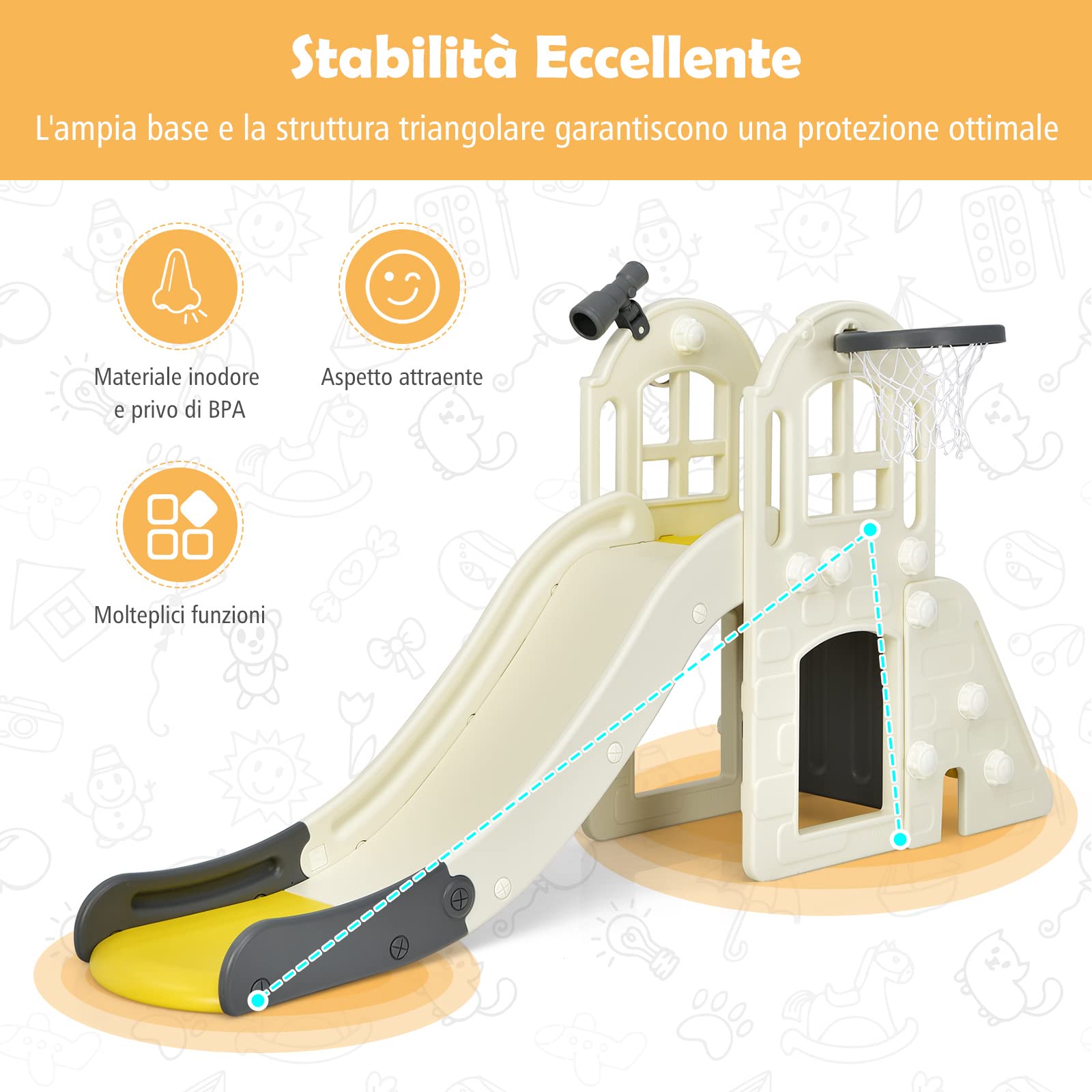 COSTWAY Scivolo per Bambini 6 in 1, Set da Gioco per Bambini con Canestro, Palla, Lancio dell'Anello e Cannocchiale, Ideale per Interni ed Esterni per Ragazzi e Ragazze, 189,5 x 83 x 98 cm (Giallo)