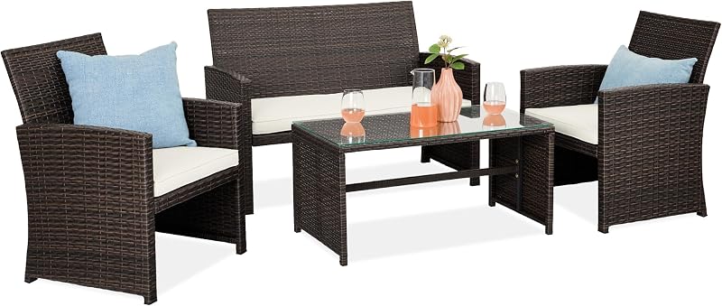 Best Choice Products 4-Piece Outdoor Wicker Patio Conversation Furniture Set for Backyard w/Coffee Table, Seat Cushions - Brown/White Sand