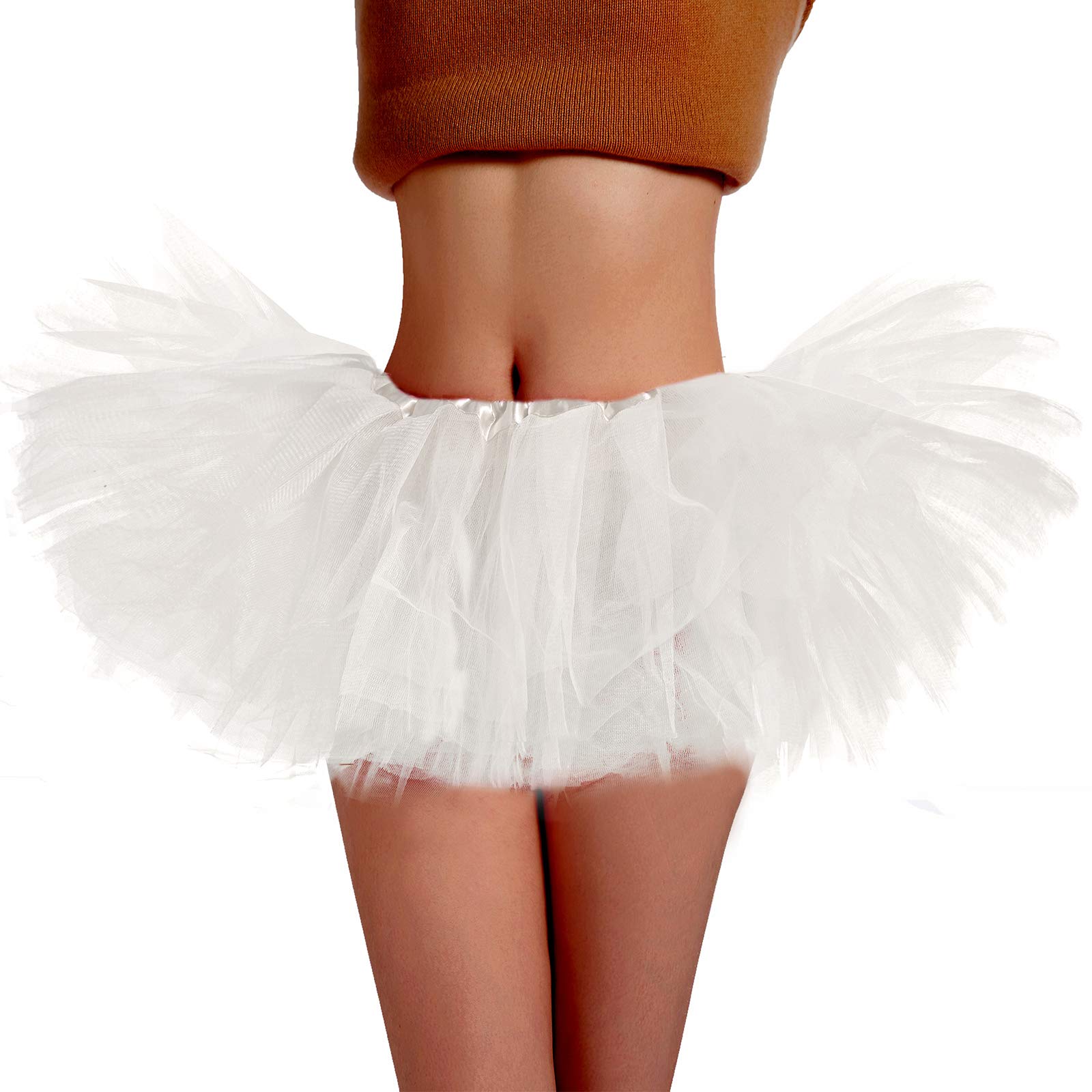 Phantomon Tutu Skirt Women's Teens Classic Elastic 5 Layered Tulle Ballet Skirt, 1950s Vintage Style Short Skirt, Adult Size, White, One Size