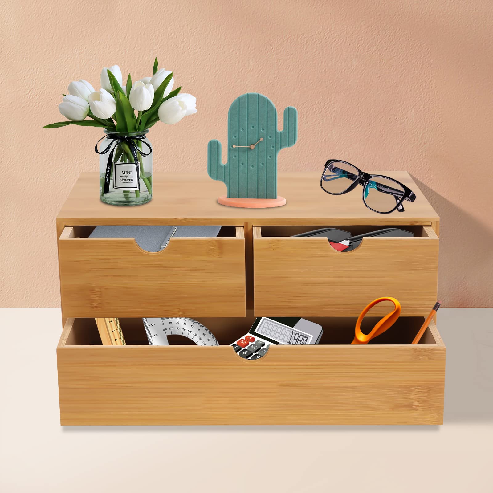 Organizer da scrivania in bambù con 3 cassetti, multifunzione, per ufficio, casa, cassettiera compatta per penne, note, piccoli oggetti, 33 x 19 x 16 cm