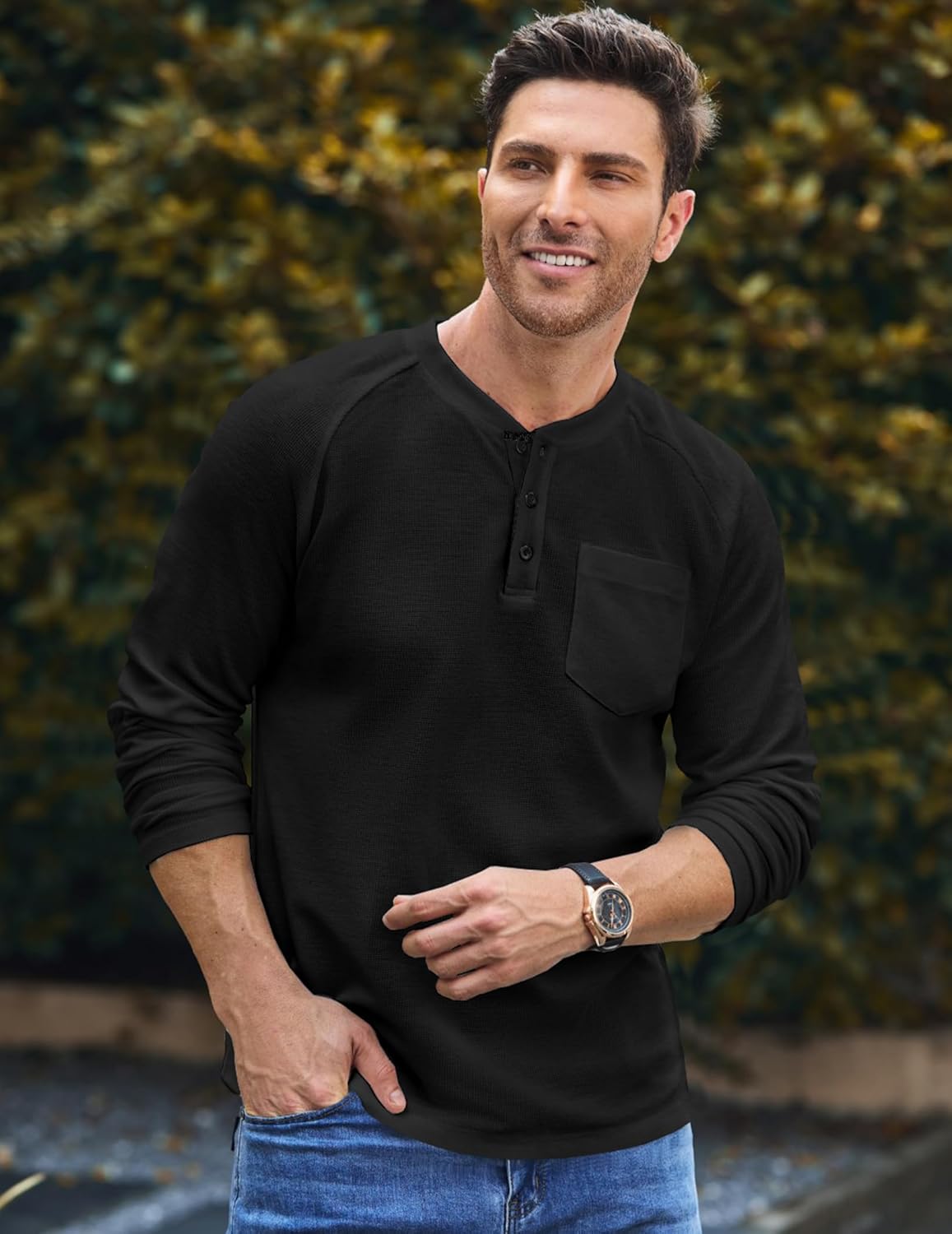 JMIERR Men's Waffle Henley Shirts Crewneck Long Sleeve Button Casual T-Shirt with Pocket - Image 6