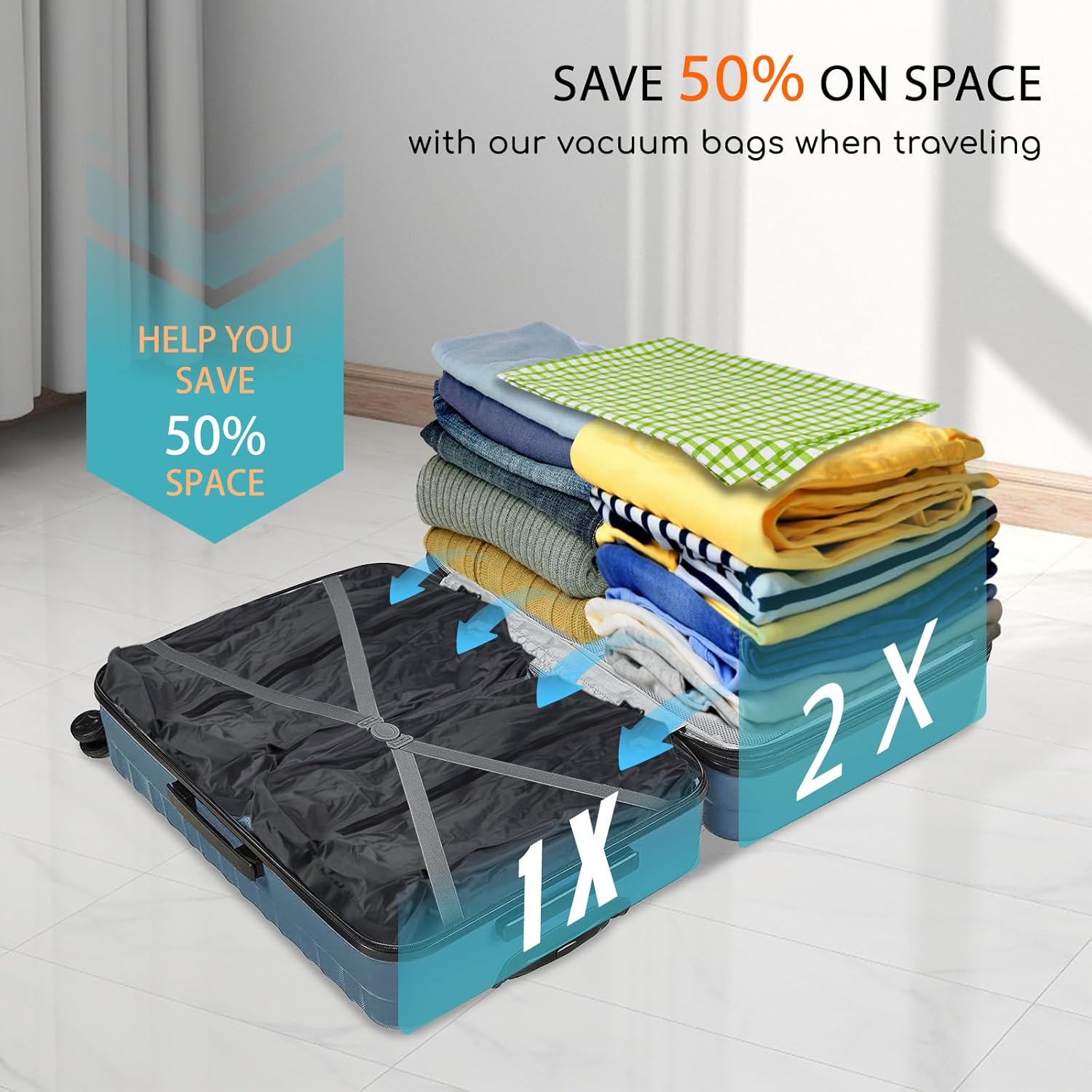 2 Pack Vacuum Bags for Travel with Air Pump, TPU Reusable Vacuum Compression Bags for Travel with Waterproof Zipper, Space Saver Bag for Suitcase, Backpack, Black