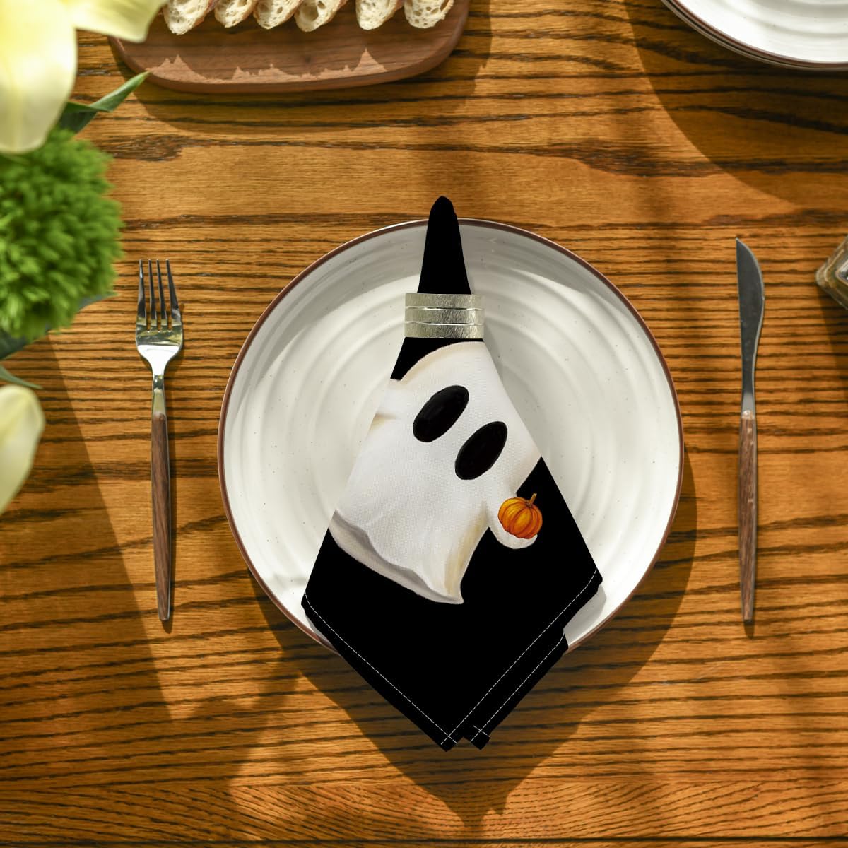 Horaldaily Halloween Cloth Napkins, Dots Pumpkin Ghost Napkins Set of 4