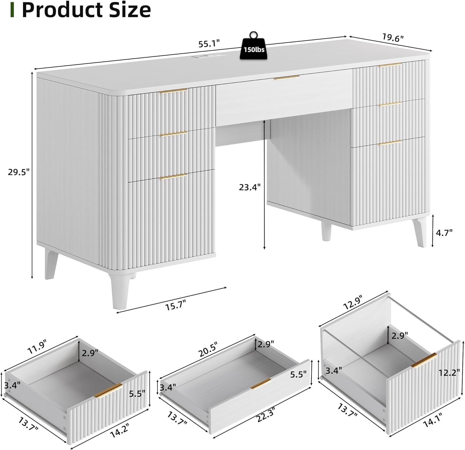 55.1" Fluted Executive Desk with Drawers, White Desk with Storage Cabinet, Home Office Desk with Charging Station, Farmhouse Desk with File Cabinet for Office Home