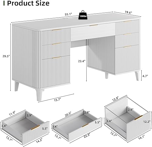 Miniatura 2 de Escritorio Ejecutivo Acanalado de 55.1" con Cajones, Escritorio Blanco con Gabinete de Almacenamiento, Escritorio de Oficina en Casa con Estación de