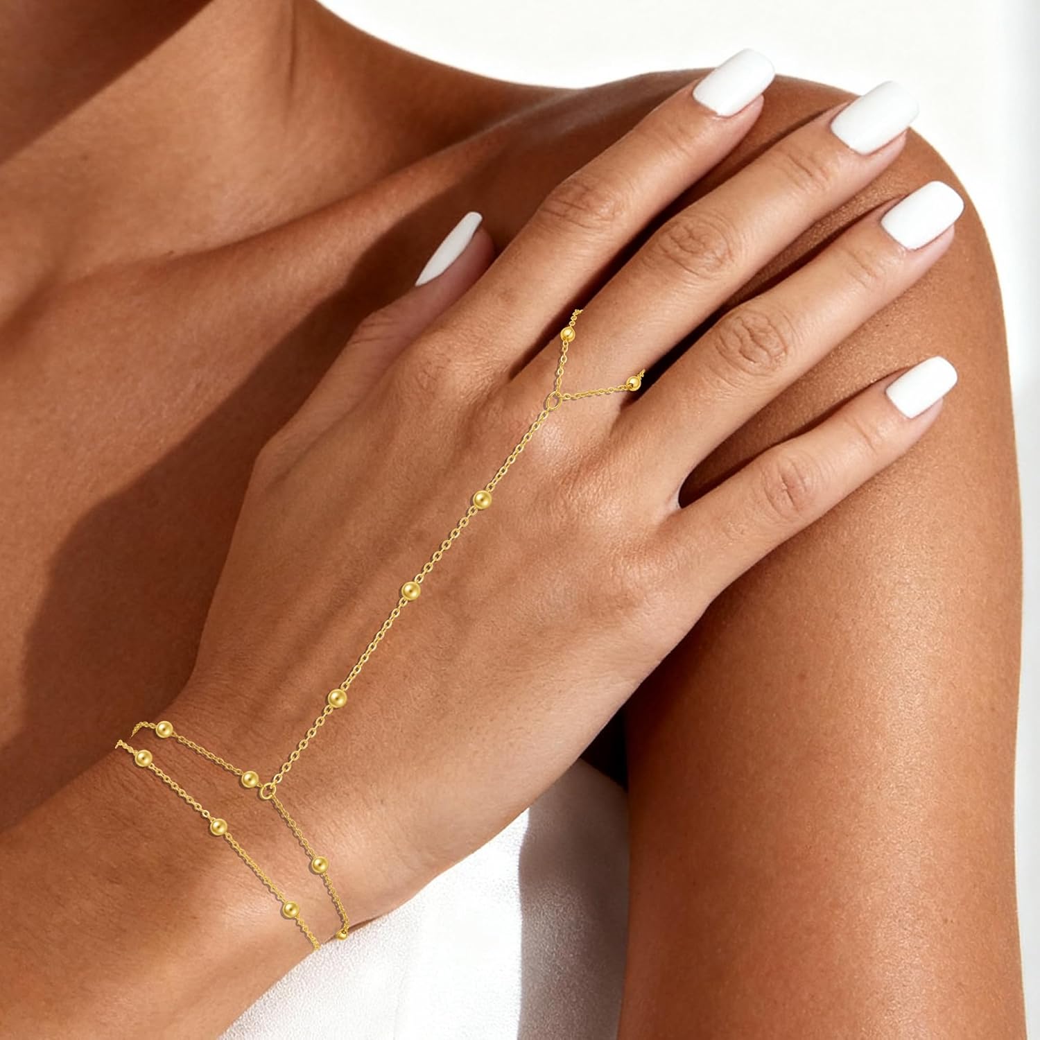 Hand Chain Bracelet for Women - 14K Gold Plated Stackable Beaded Bracelets for Women Finger Adjustable Cubic Zircon Gold Jewelry Cross Ring Bracelet Hand Chain Gifts - Image 2