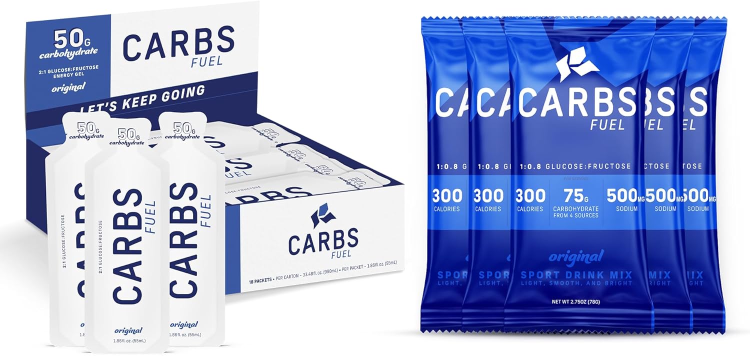 Sports Energy Gels & Sport Drink Powder Bundle | 18 Energy Gel Packs (200 Calories, 50g Carbs Each) + 5 Carb Drink Mix Sachets (300 Calories, 75g Carbs Each) | Vegan Friendly & Gluten-Free