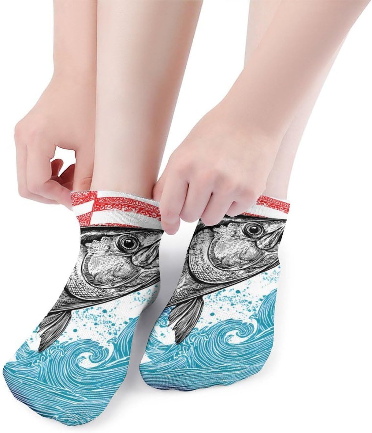 Tuna Fish U.S.A. Flag Wave No Show Ankle Socks Low Cut Non Slip Flat Boat Line 5 Pairs Set