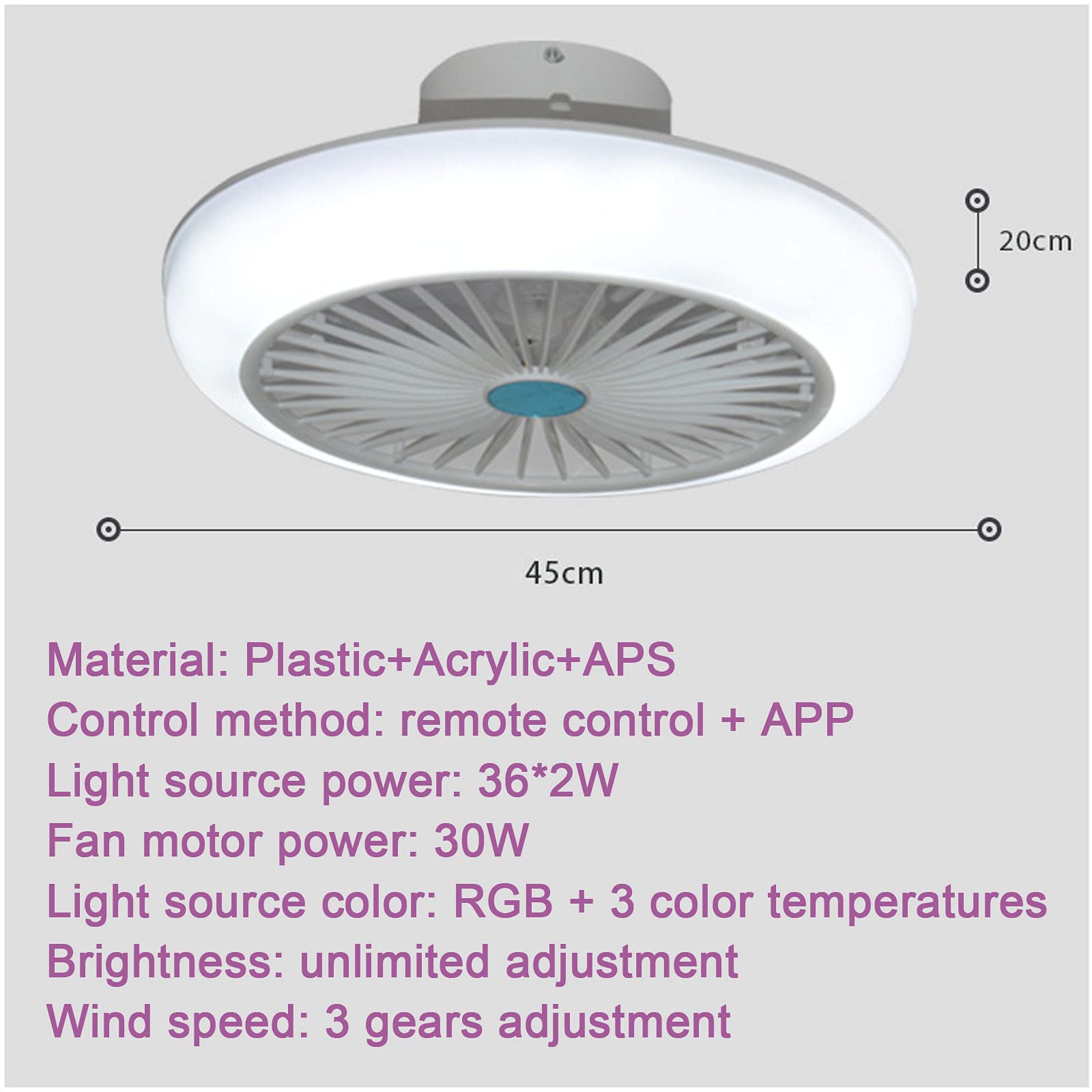 VOMI LED RGB Deckenventilator mit Beleuchtung Licht Fernbedienung Leise Kinderzimmer Flach Farbwechsel Deckenleuchte mit Ventilator Dimmbar Musik Bluetooth Lautsprecher Schlafzimmer Rund Weiß