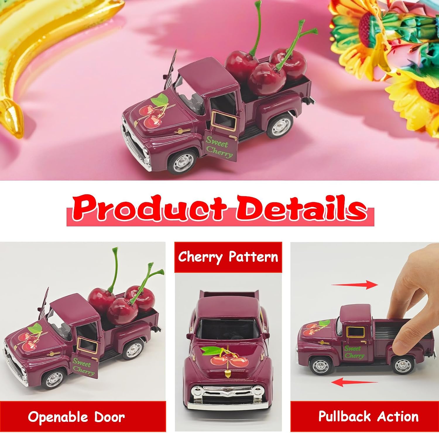 Cherry Decor – 4.9″Sweet Cherry Mini Vintage Metal Truck with 3 Fake Cherries for Themed Party Decorations, Home Kitchen Centerpieces for Tables, Farmhouse Pickup Truck Tiered Tray Decor Gifts image 4