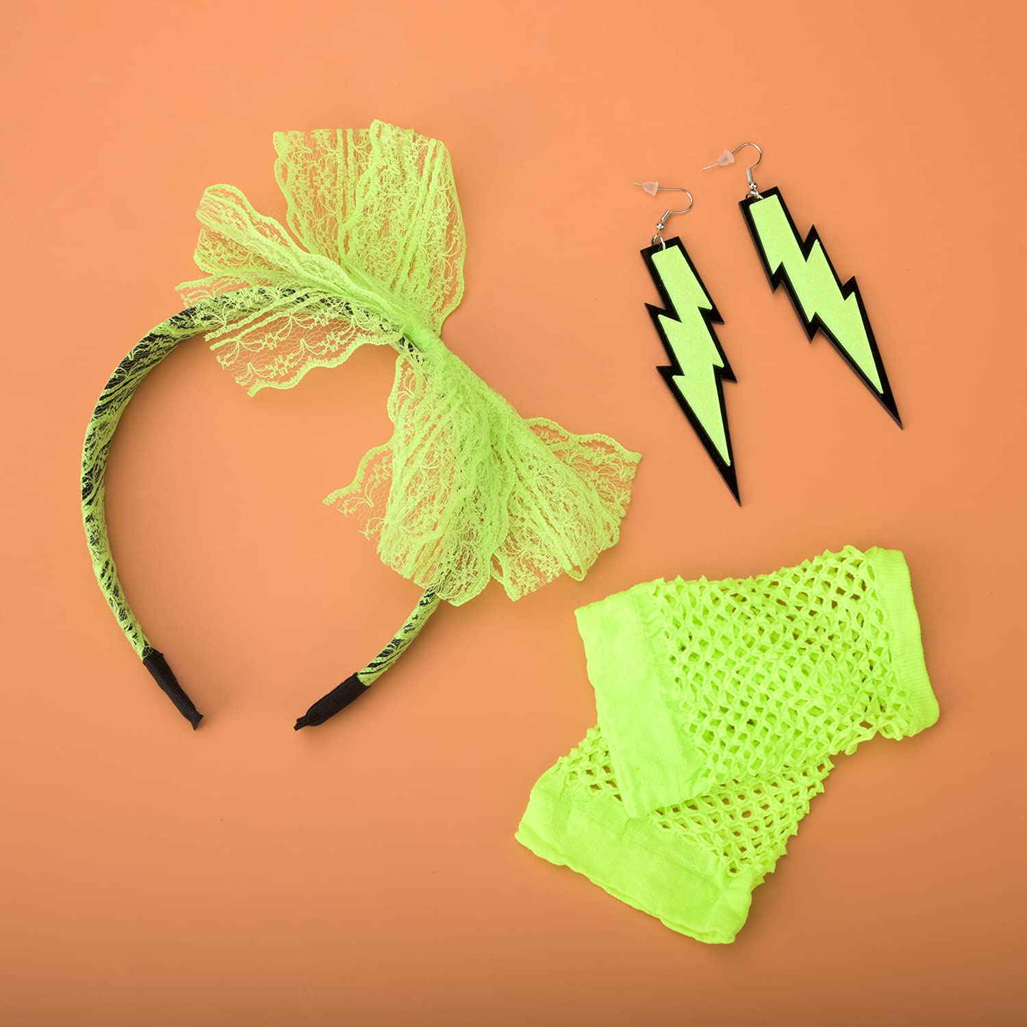 Parieo 3 Pieces 80s Fancy Dress Costume Accessories Retro Lace Headband Neon Earrings Fingerless Fishnet Gloves (Green) - Image 2