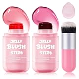 2PCS Jelly Blush Stick for Cheeks&comma;Multi-use Cooling Water Jelly Lip and Cheek Tint Stain&comma;Moisturizing&comma;Cruelty-Free&comma;Lightweight&comma;Sheer & Buildable Lip Tint &plus; Blush（02 Soft Pink &plus; 04 Berry Red）