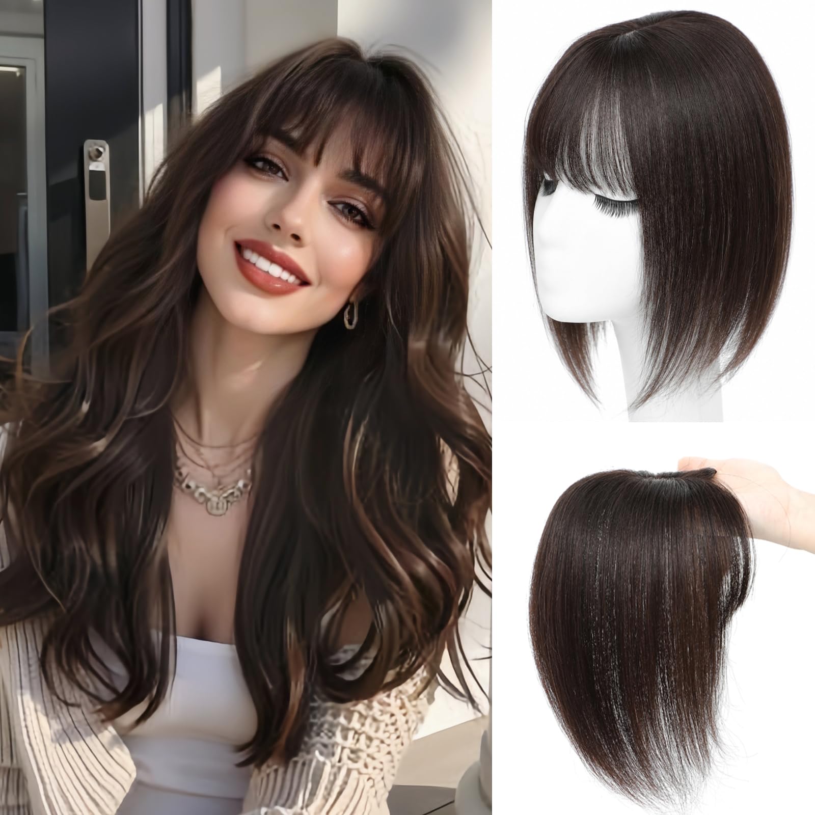 Photo 1 of OOPPOO Hair Toppers for Women Real Human Hair? 360°3D Cover Toppers Hairpieces for Women with Thinning Crown Wispy Clip in Bangs Realistic Scalp Hairline