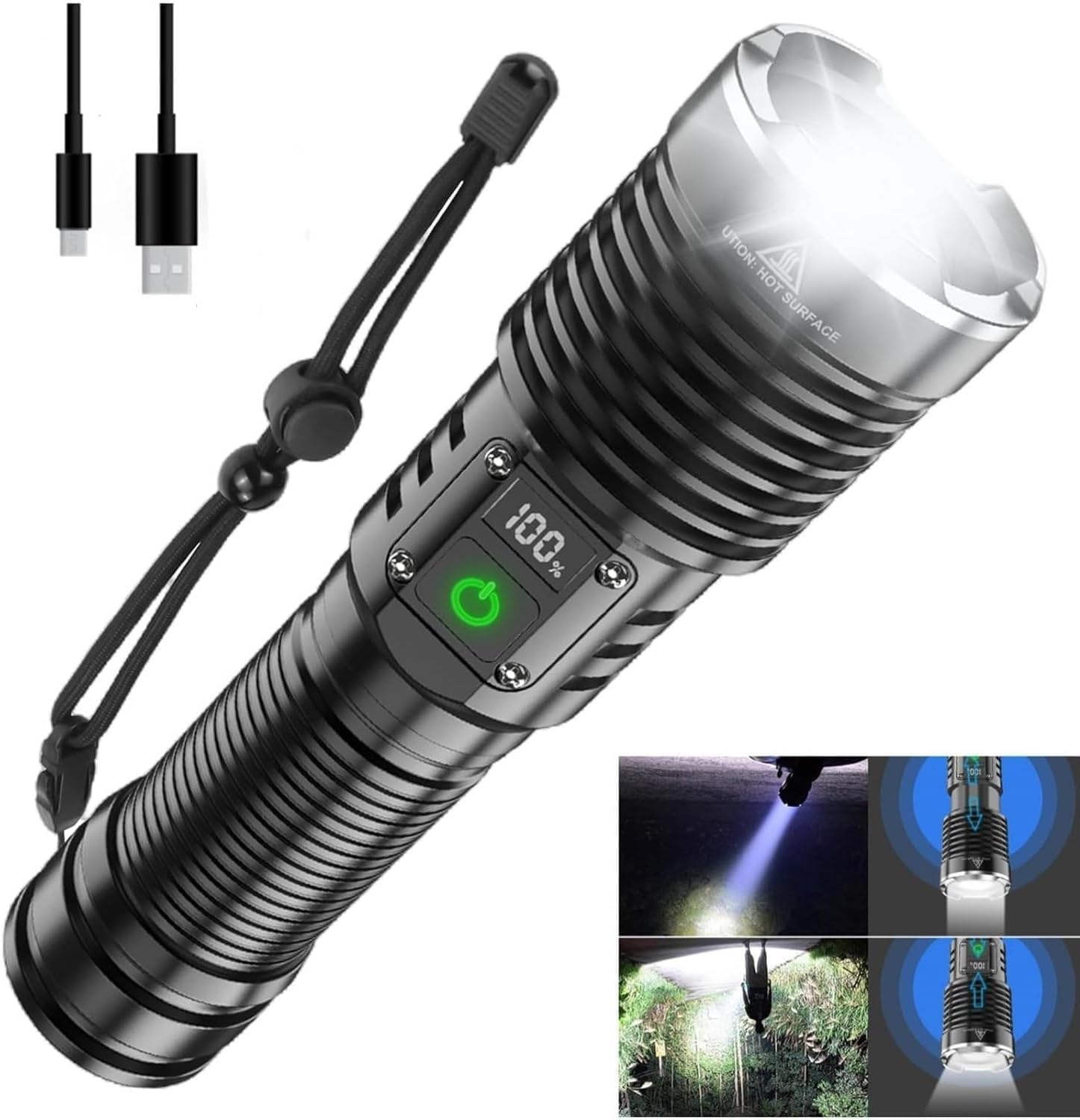 Luteti Rechargeable Tactical Flashlight, 250000 Lumen Brightest High Lumens Flashlights, 5 Modes, Waterproof Function, Flashlights High Lumens Suitable for Outdoor Activities Such as Camping, Hiking