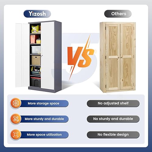 Miniatura 7 de Yizosh Armario de almacenamiento de metal con 2 puertas de bloqueo y 5 estantes ajustables, armario de almacenamiento de garaje de 72 pulgadas con