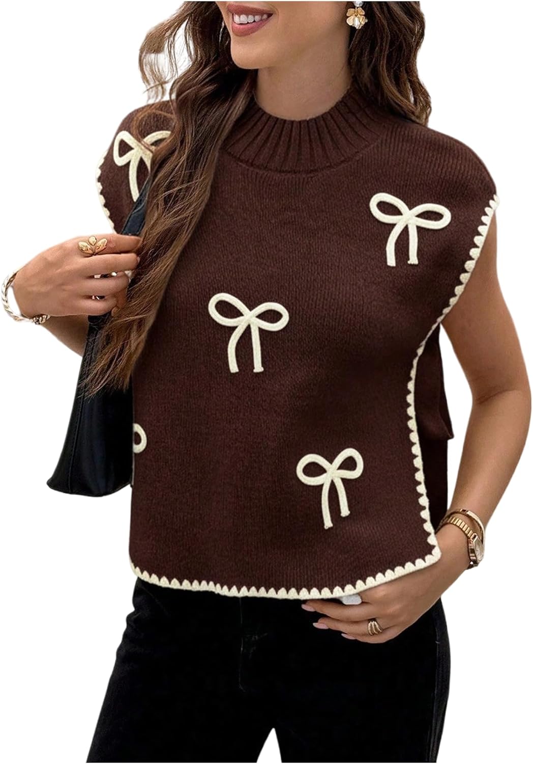 OYOANGLE Women's Bow Embroidery Side Tie Sweater Vest Sleeveless Mock Neck Sweater Tank Tops
