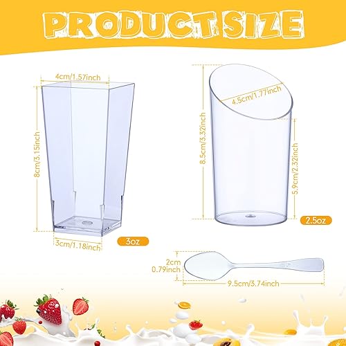 Miniatura 7 de Mini tazas de postre de plástico con cucharas que incluyen tazas cuadradas de 3 onzas para aperitivos de 2.5 onzas, tazas redondas inclinadas para