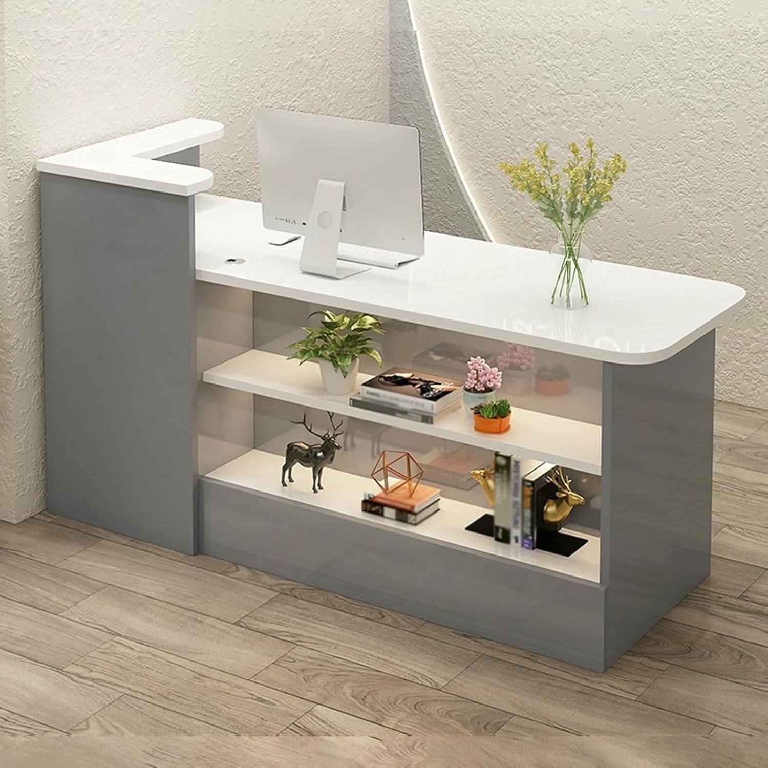 Reception Desk, Retail Checkout Counter, Front Desk Reception Counter, Wooden Checkout Office Desk with Lockable Drawer and LED Light, for Salon Reception Room Store Hotel(White+Beige L,100cm/3