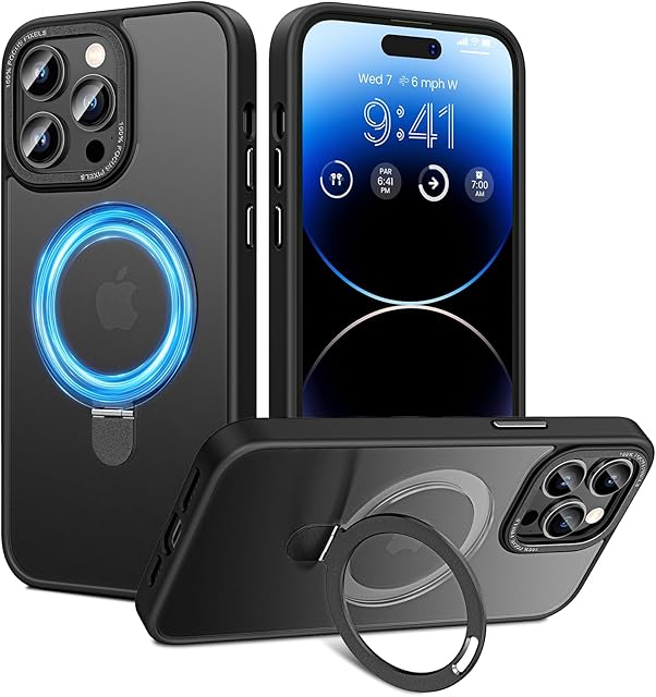 HWeggo for iPhone 14 Pro Max Case Magnetic,Compatible with MagSafe,Military Grade Drop Protection,Translucent Matte Back Non-slip Phone Cover with Invisible Stand for iPhone 14 Pro Max 6.7",Black