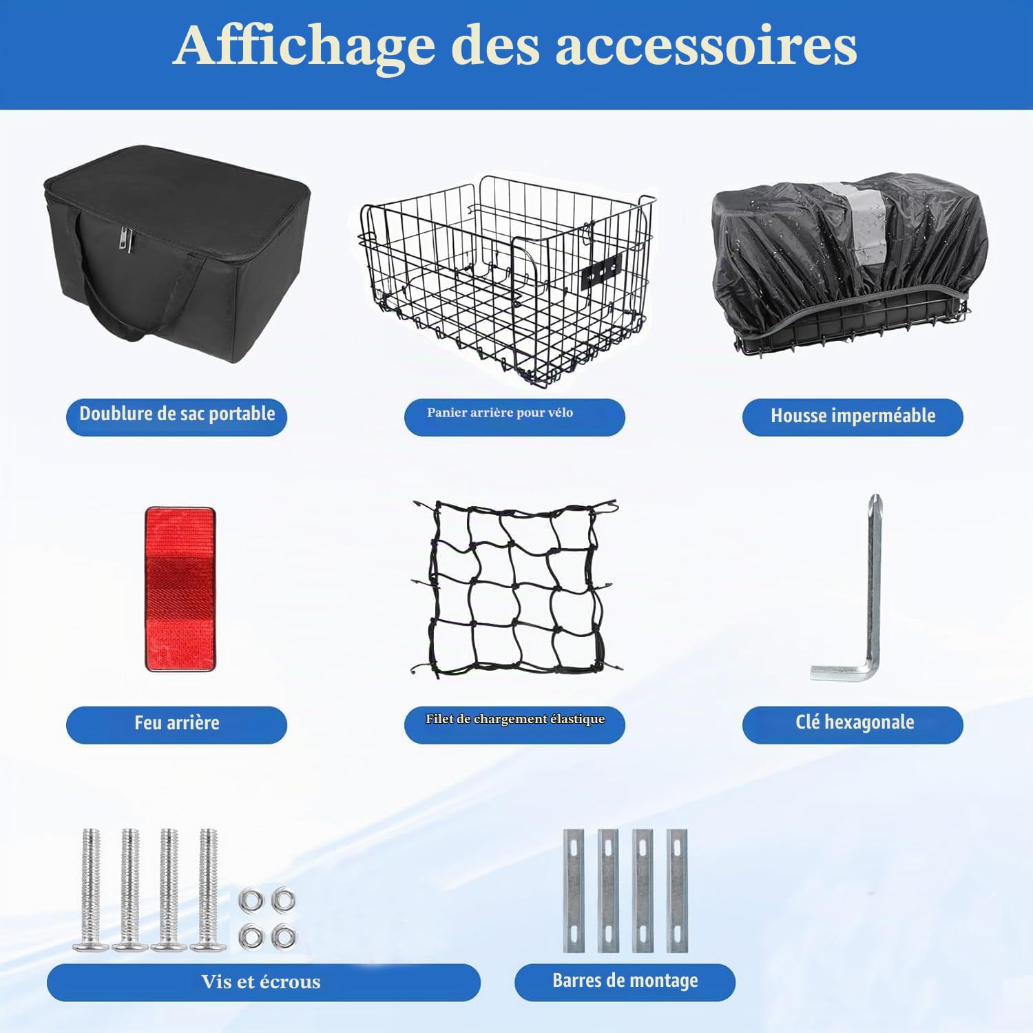 Panier à vélo arrière, Panier Pliant pour vélo avec Doublure imperméable Amovible, Filet de Chargement, Housse imperméable et Bande réfléchissante